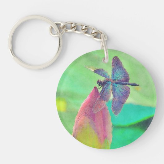 Iridescent Blue Dragonfly op waterlily Sleutelhanger (Voorkant)