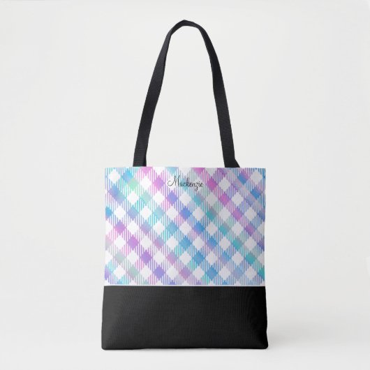 Iridescent Blue Gingham Pattern met Monogram Tote Bag (Voorkant)