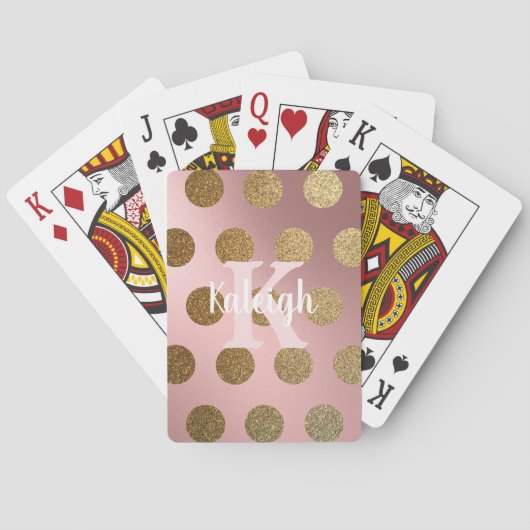 Iridescent Blush Pink Gold Polka Dots Monogram Pokerkaarten (Achterkant)