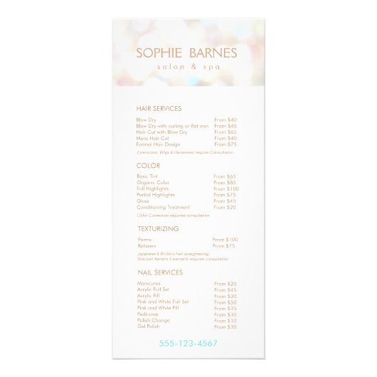Iridescent Bokek Salon Price List Service Menu (Voorkant)