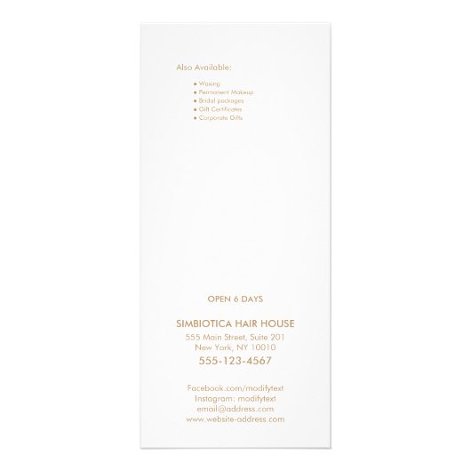 Iridescent Bokek Salon Price List Service Menu (Achterkant)