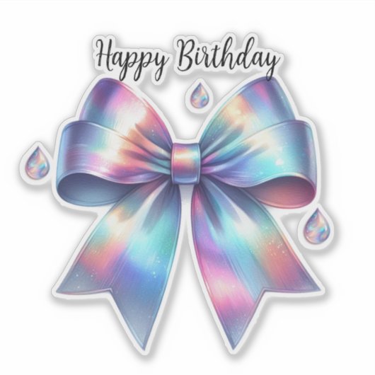 Iridescent Bow Teardrop Happy Birthday Sticker (Voorkant)