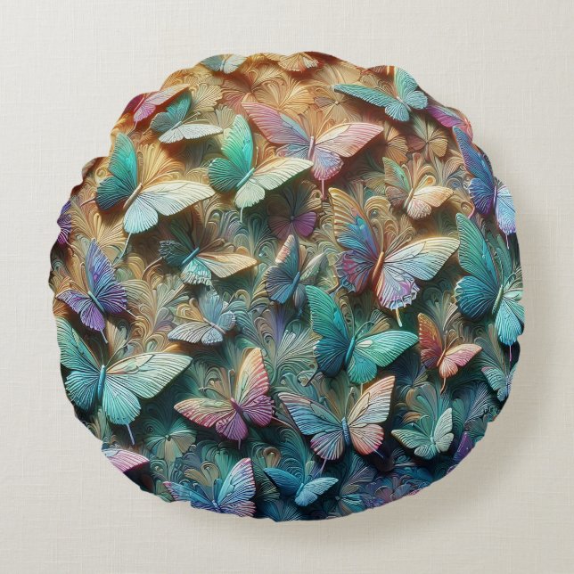 Iridescent Butterfly Garden Rond Kussen (Voorkant)
