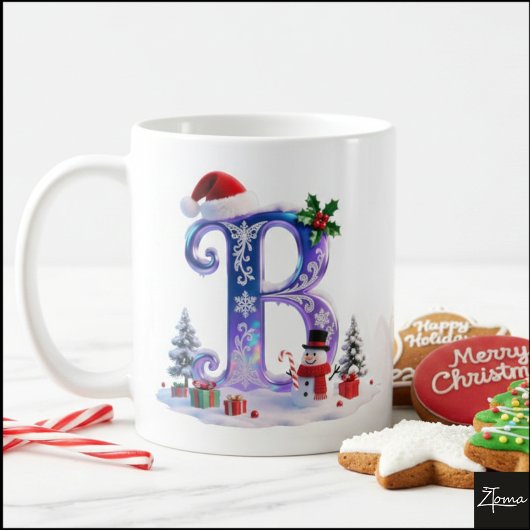 Iridescent Christmas Letter B with Snowman Koffiemok