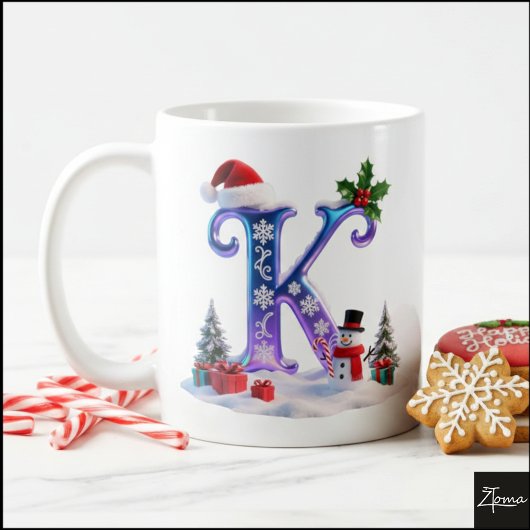 Iridescent Christmas Letter K with Snowman Koffiemok