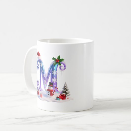 Iridescent Christmas Letter M with Snowman Koffiemok (Voorkant links)