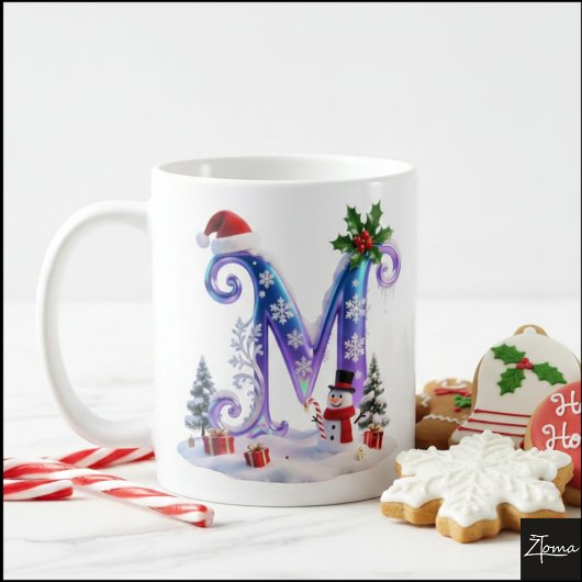 Iridescent Christmas Letter M with Snowman Koffiemok