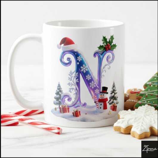 Iridescent Christmas Letter N with Snowman Koffiemok