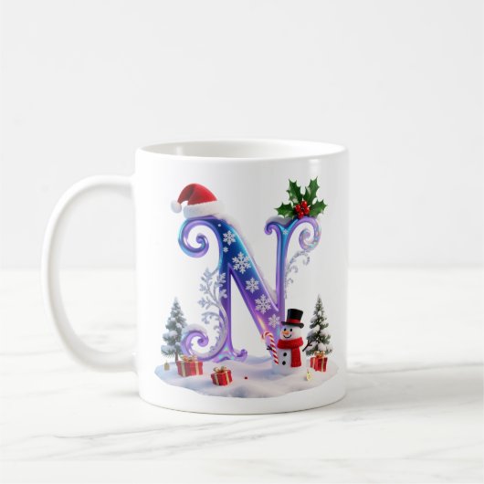 Iridescent Christmas Letter N with Snowman Koffiemok (Links)