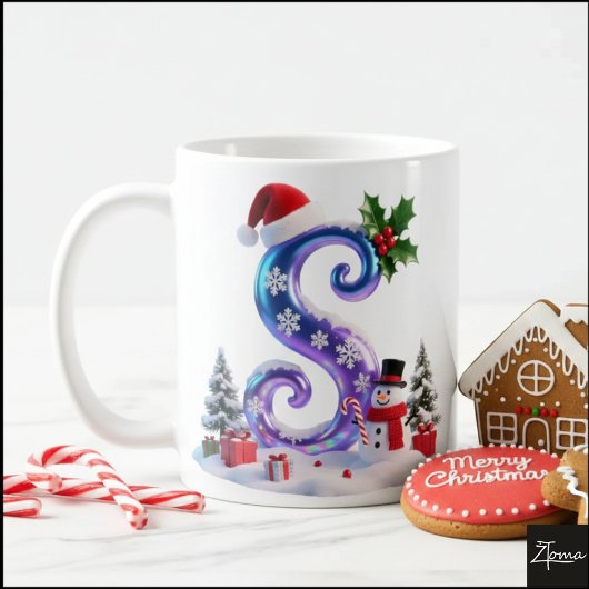 Iridescent Christmas Letter S with Snowman Koffiemok
