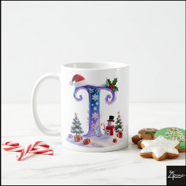 Iridescent Christmas Letter T with Snowman Koffiemok