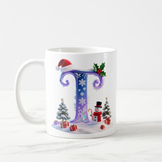 Iridescent Christmas Letter T with Snowman Koffiemok (Links)