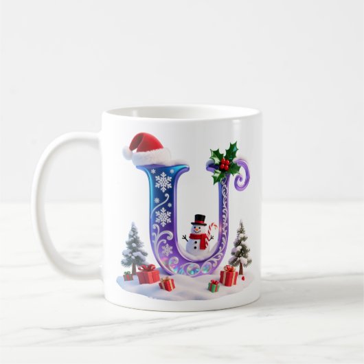 Iridescent Christmas Letter U with Snowman Koffiemok (Links)