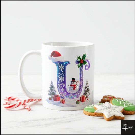 Iridescent Christmas Letter U with Snowman Koffiemok