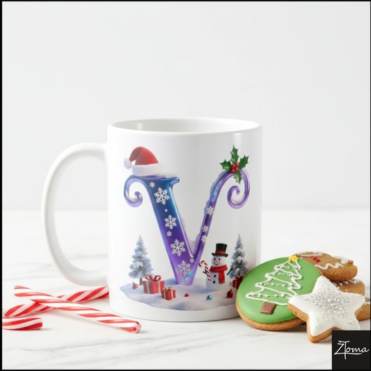 Iridescent Christmas Letter V with Snowman Koffiemok