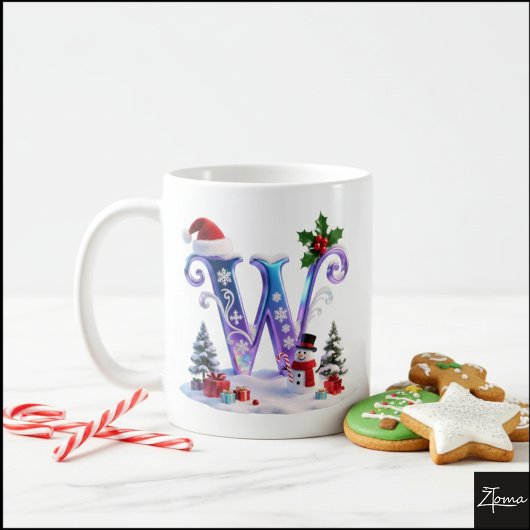Iridescent Christmas Letter W with Snowman Koffiemok