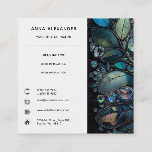 Iridescent Crystal Gemstenen, blauw, Blauwgroen, B Vierkante Visitekaartje (Achterkant)