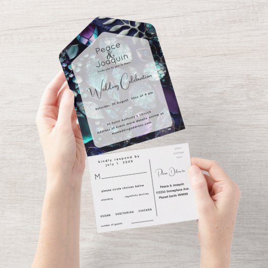 Iridescent Crystal Gemstenen, blauw, lavender All In One Uitnodiging (Afscheurbaar)