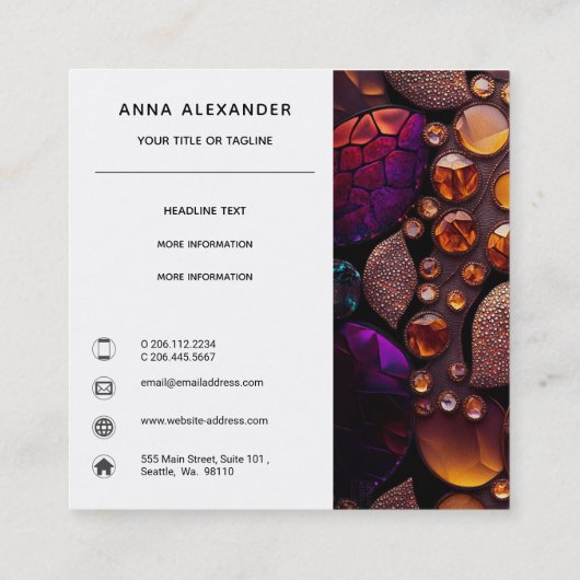 Iridescent Crystal Gemstenen, Fuchsia, Bronze, Amb Vierkante Visitekaartje (Achterkant)