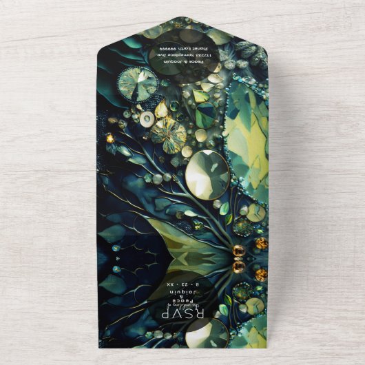 Iridescent Crystal Gemstenen, Moss, Sage, Green All In One Uitnodiging (Buitenkant)