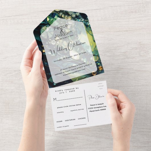 Iridescent Crystal Gemstenen, Moss, Sage, Green All In One Uitnodiging (Afscheurbaar)