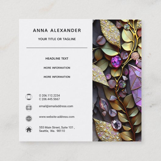 Iridescent Crystal Gemstenen, roze, Fuchsia, Gold Vierkante Visitekaartje (Achterkant)