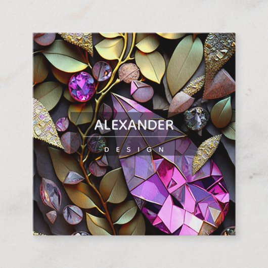Iridescent Crystal Gemstenen, roze, Fuchsia, Gold Vierkante Visitekaartje (Voorkant)
