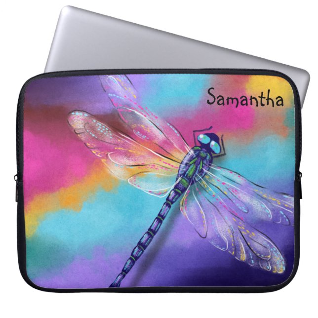 Iridescent Dragonfly Waterverf Regelboog met naam Laptop Sleeve (Voorkant)