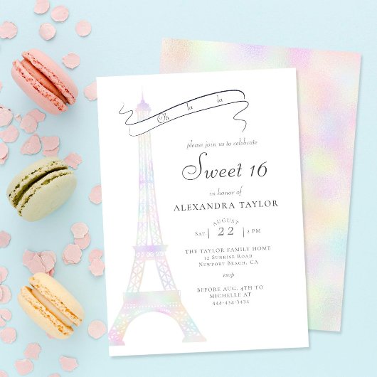 Iridescent Eiffel Tower Paris Minimalist Sweet 16 Kaart
