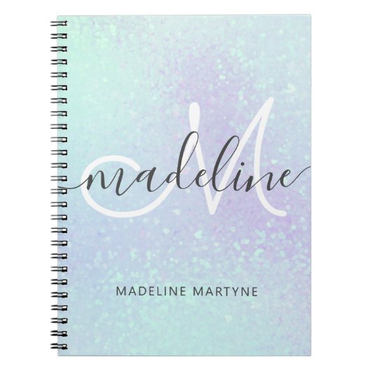 Iridescent Faux Holographic Glitter Monogram Notitieboek (Voorkant)