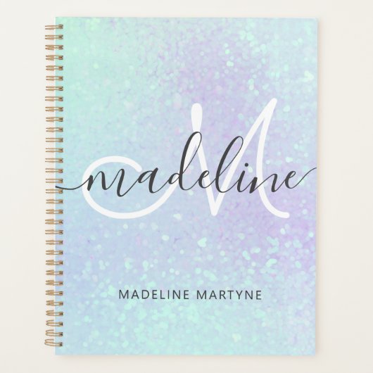 Iridescent Faux Holographic Glitter Monogram Planner (Voorkant)