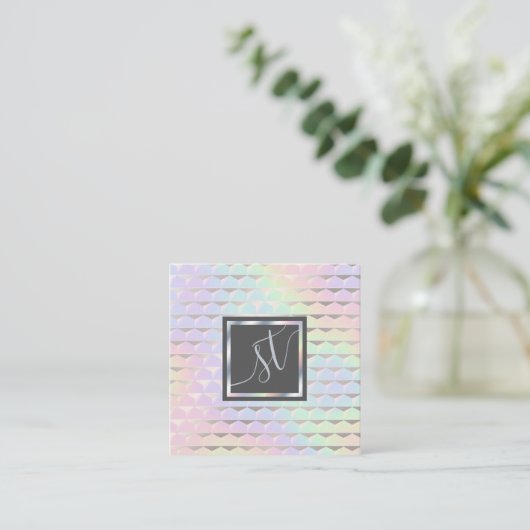 Iridescent Faux Holographic Pattern Monogram Vierkante Visitekaartje (Staand voorkant)