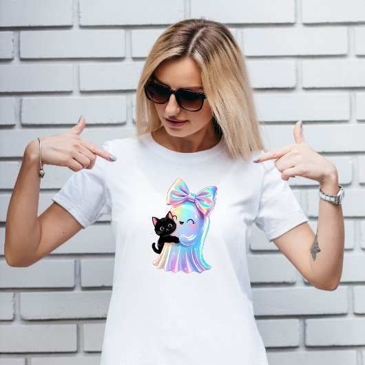 Iridescent Ghost & Black Cat Schattige Girly Hallo T-shirt