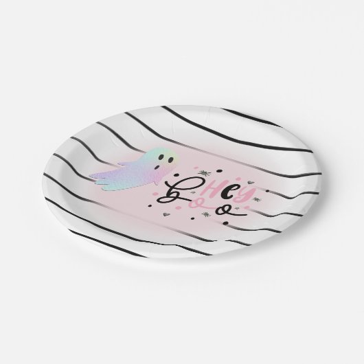 Iridescent Ghost Hey Boo Pink Halloween Verjaardag Papieren Bordje (Gekanteld)