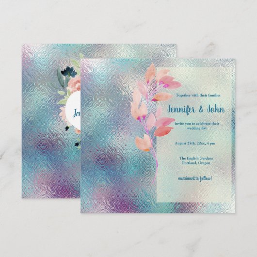 Iridescent Glass & Leaf Spray Wedding Invitation Kaart (Voorkant / Achterkant)