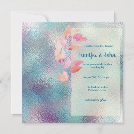 Iridescent Glass & Leaf Spray Wedding Invitation Kaart (Voorkant)