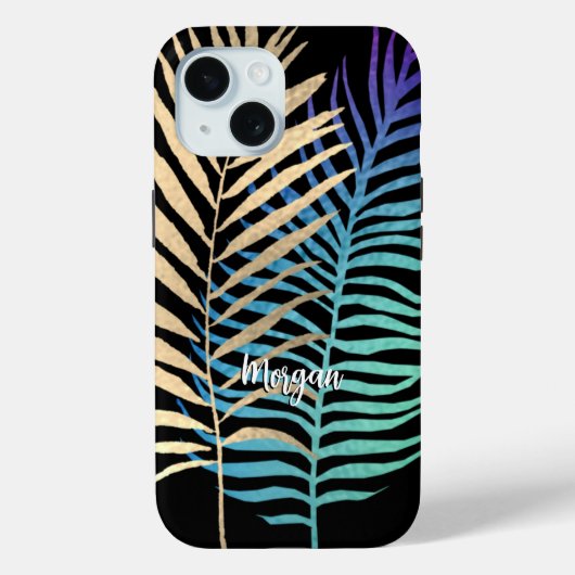 Iridescent/Gold Tropical Leaves Script naam, zwart Case-Mate iPhone Case (Achterkant)