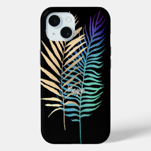 Iridescent/Gold Tropische Bladeren Script Naam, Zw iPhone 15 Case