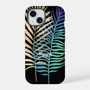 Iridescent/Gold Tropische Bladeren Script Naam, Zw iPhone 15 Case