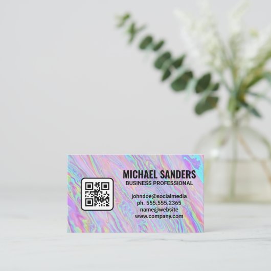 Iridescent Holographic Folie Pastel | QR-code Visitekaartje (Staand voorkant)