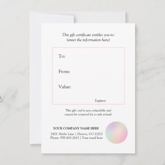 Iridescent Holographic misselijkheid Gift Certific Kaart (Achterkant)