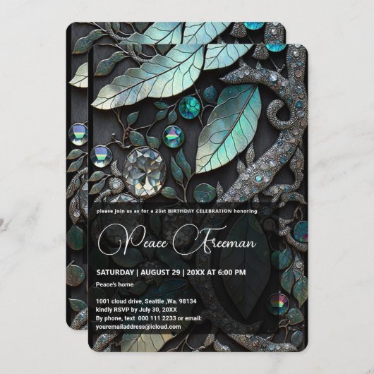 Iridescent kristal-stenen, platina, zilver, blauwg kaart (Voorkant / Achterkant)