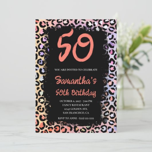 Iridescent Leopard Coral en Black 50th Birthday Kaart (Staand voorkant)