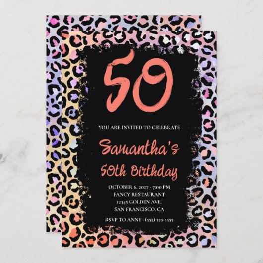 Iridescent Leopard Coral en Black 50th Birthday Kaart (Voorkant / Achterkant)