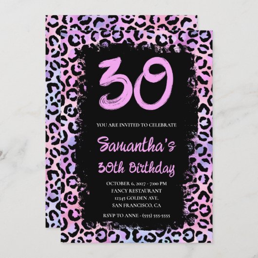 Iridescent Leopard Pink en Black 30th Birthday Kaart (Voorkant / Achterkant)