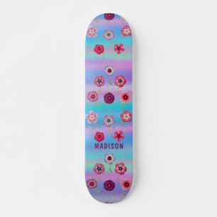 Iridescent Modern Girly Pink Purple Flowers Name Persoonlijk Skateboard