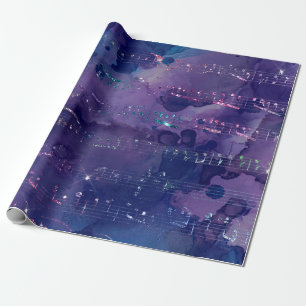 Iridescent Musical Notes on Paars Cadeaupapier