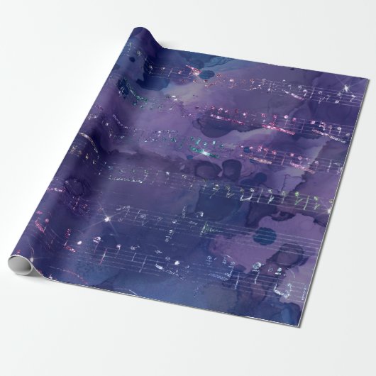Iridescent Musical Notes on Paars Cadeaupapier (Uitgerold)