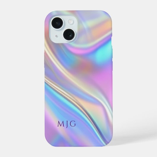 Iridescent ontwerp, klasse paarse tekst monogram iPhone 15 case (Achterkant)