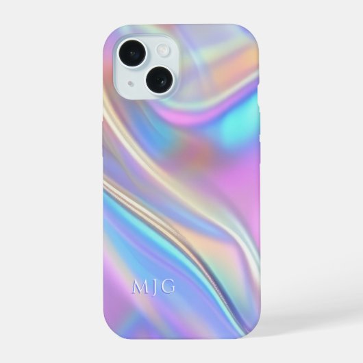 Iridescent ontwerp, klasse witte tekst monogram iPhone 15 case (Achterkant)
